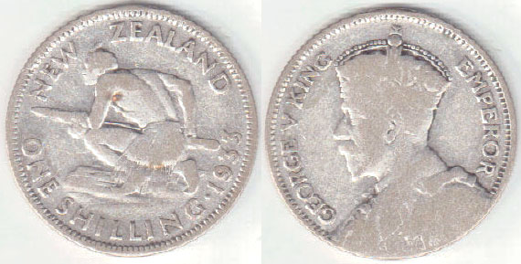 1933 New Zealand silver Shilling A003835